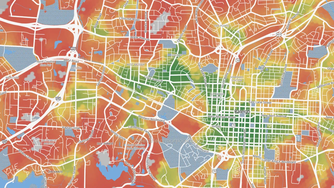 Walk Grade map of Hillsborough, Raleigh, NC, walkable areas in green and car-dependent areas in red