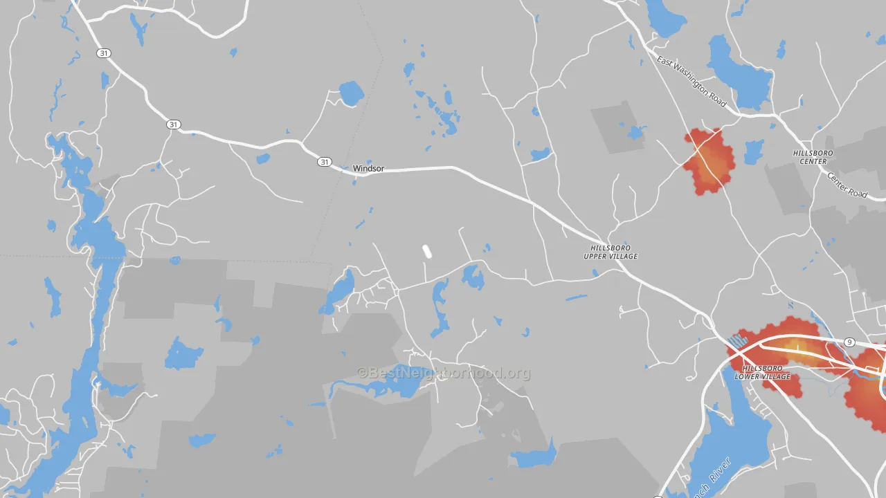 Walk Grade map of Hillsborough Upper Village, NH, walkable areas in green and car-dependent areas in red