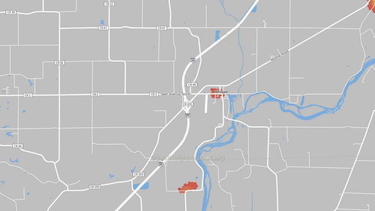 Walk Grade map of Hillsdale, IL, walkable areas in green and car-dependent areas in red