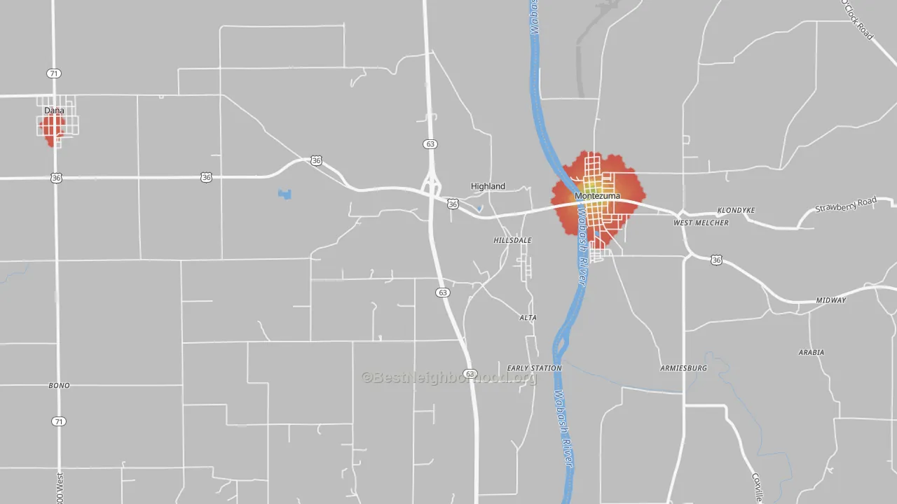 Walk Grade map of Hillsdale, IN, walkable areas in green and car-dependent areas in red