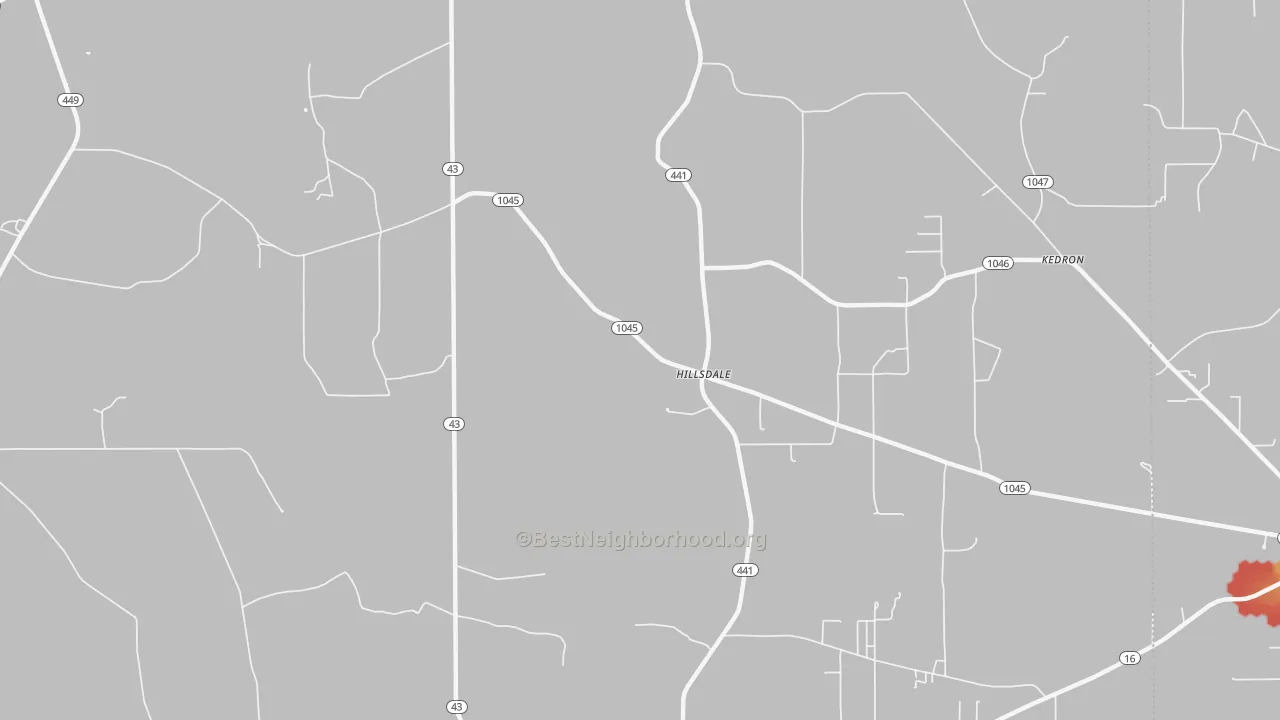 Walk Grade map of Hillsdale, LA, walkable areas in green and car-dependent areas in red