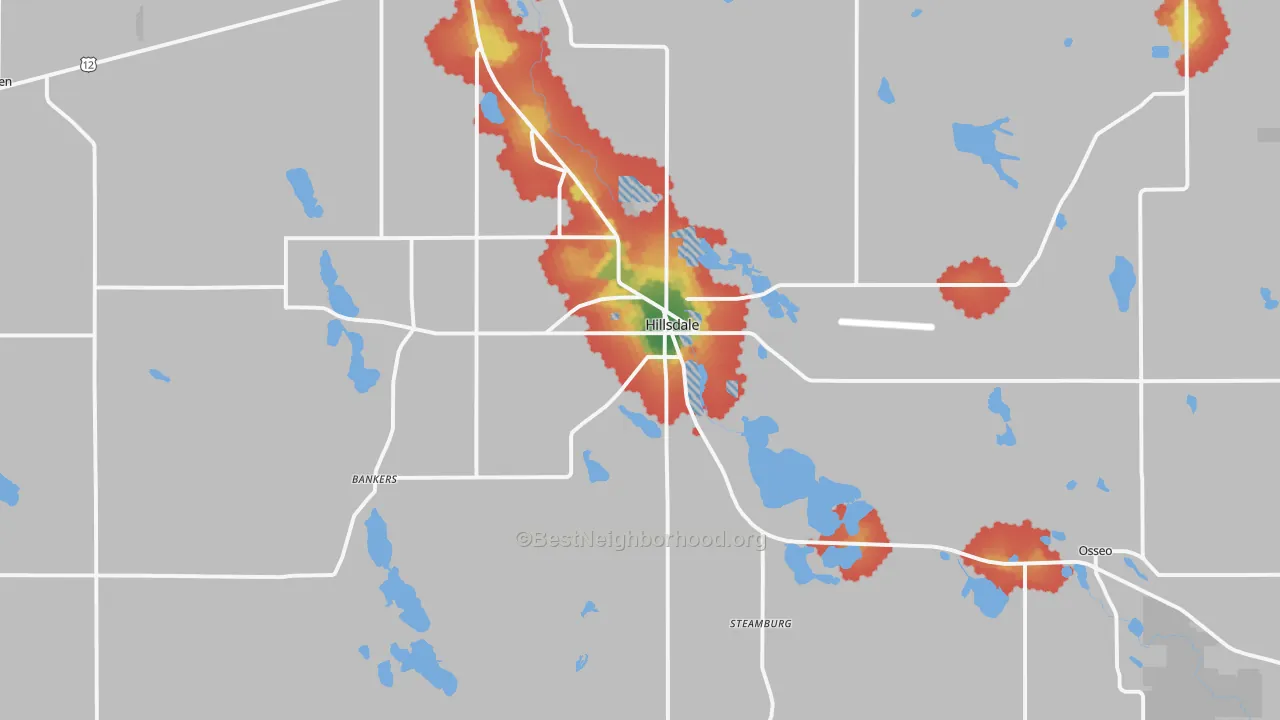 Walk Grade map of Hillsdale, MI, walkable areas in green and car-dependent areas in red