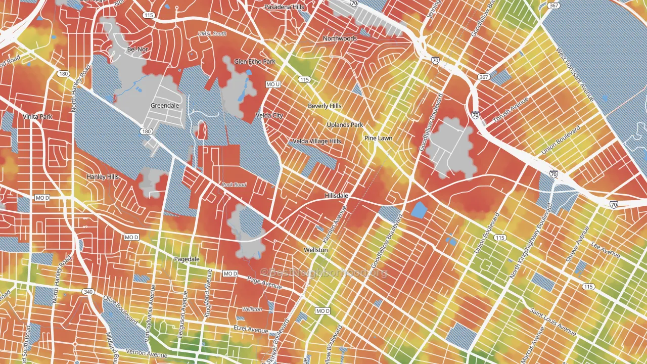 Walk Grade map of Hillsdale, MO, walkable areas in green and car-dependent areas in red