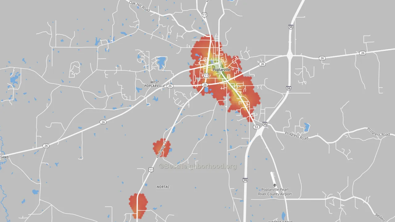 Walk Grade map of Hillsdale, MS, walkable areas in green and car-dependent areas in red