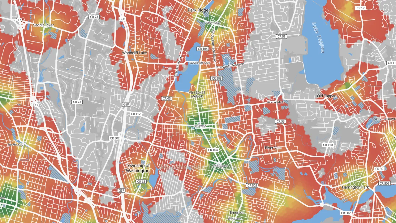 Walk Grade map of Hillsdale, NJ, walkable areas in green and car-dependent areas in red