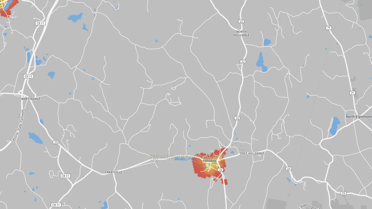 Walk Grade map of Hillsdale, NY, walkable areas in green and car-dependent areas in red