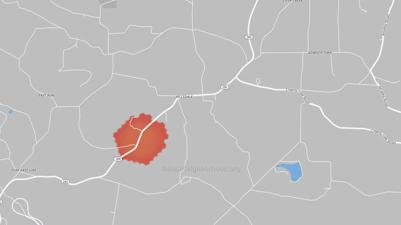 Walk Grade map of Hillsdale, PA, walkable areas in green and car-dependent areas in red