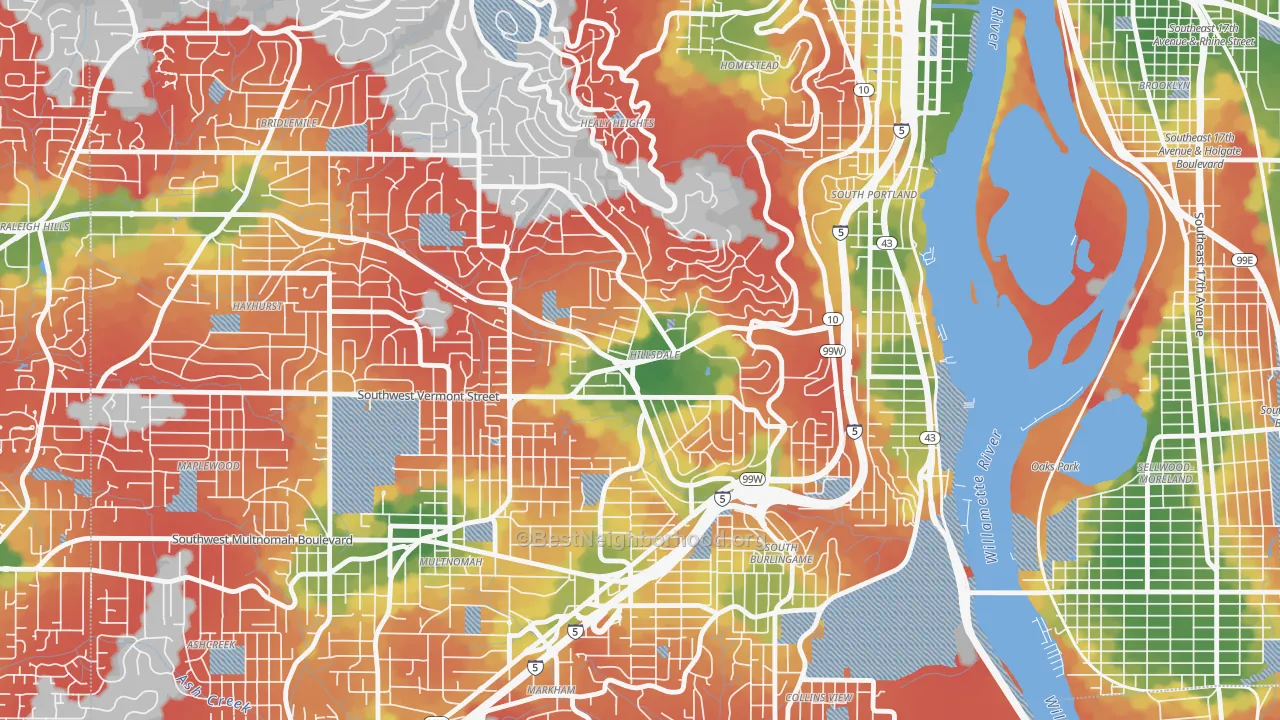 Walk Grade map of Hillsdale, Portland, OR, walkable areas in green and car-dependent areas in red