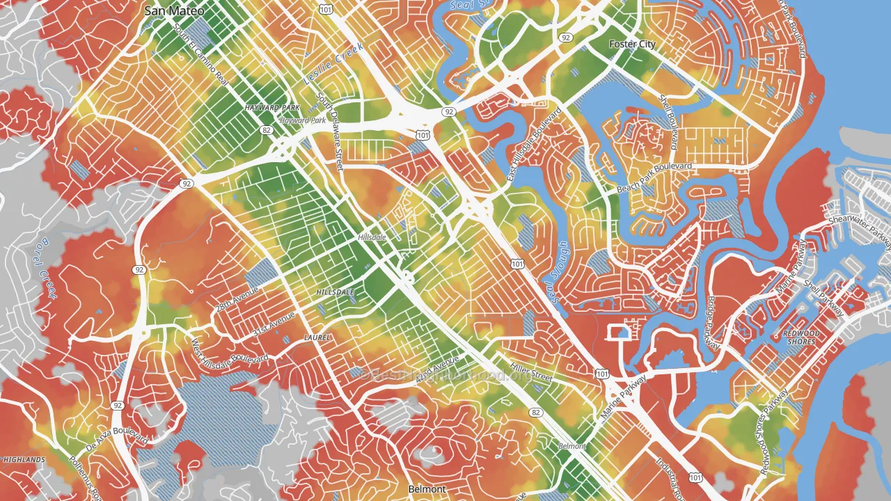 Walk Grade map of Hillsdale, San Mateo, CA, walkable areas in green and car-dependent areas in red