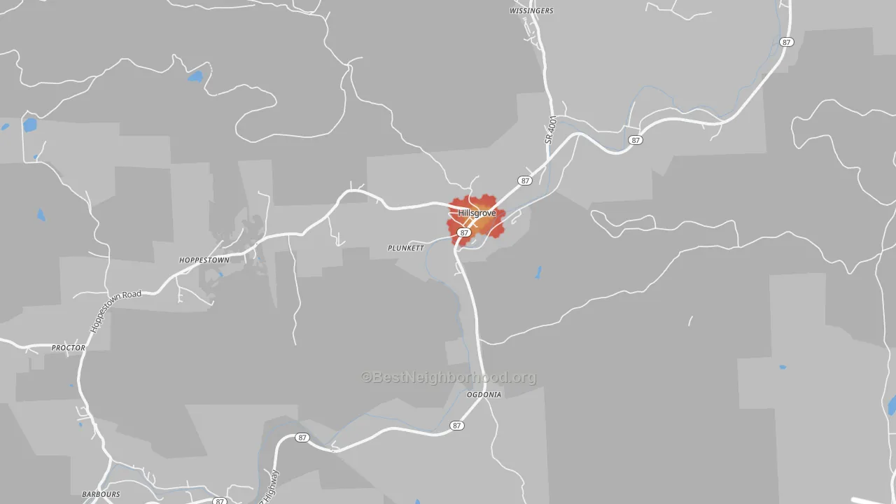 Walk Grade map of Hillsgrove, PA, walkable areas in green and car-dependent areas in red