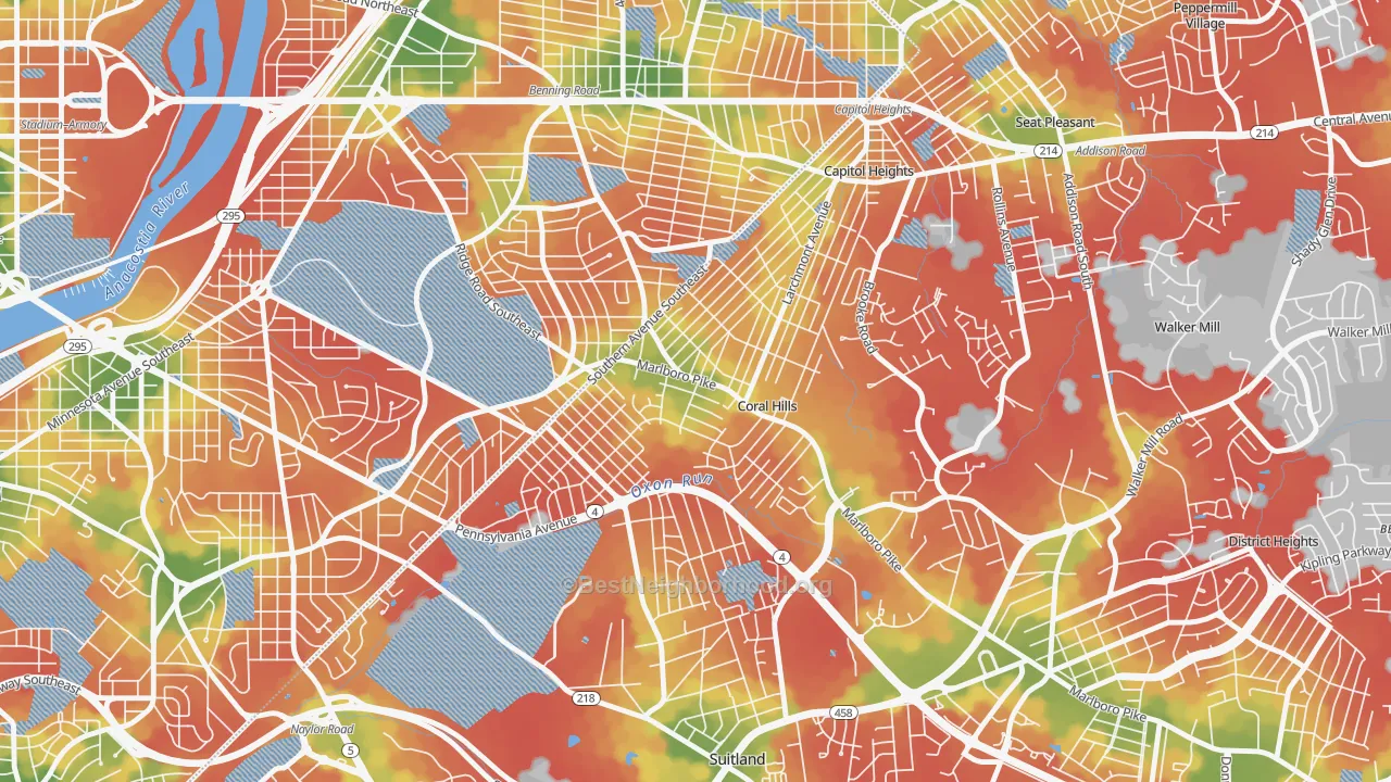Walk Grade map of Hillside, Coral Hills, MD, walkable areas in green and car-dependent areas in red