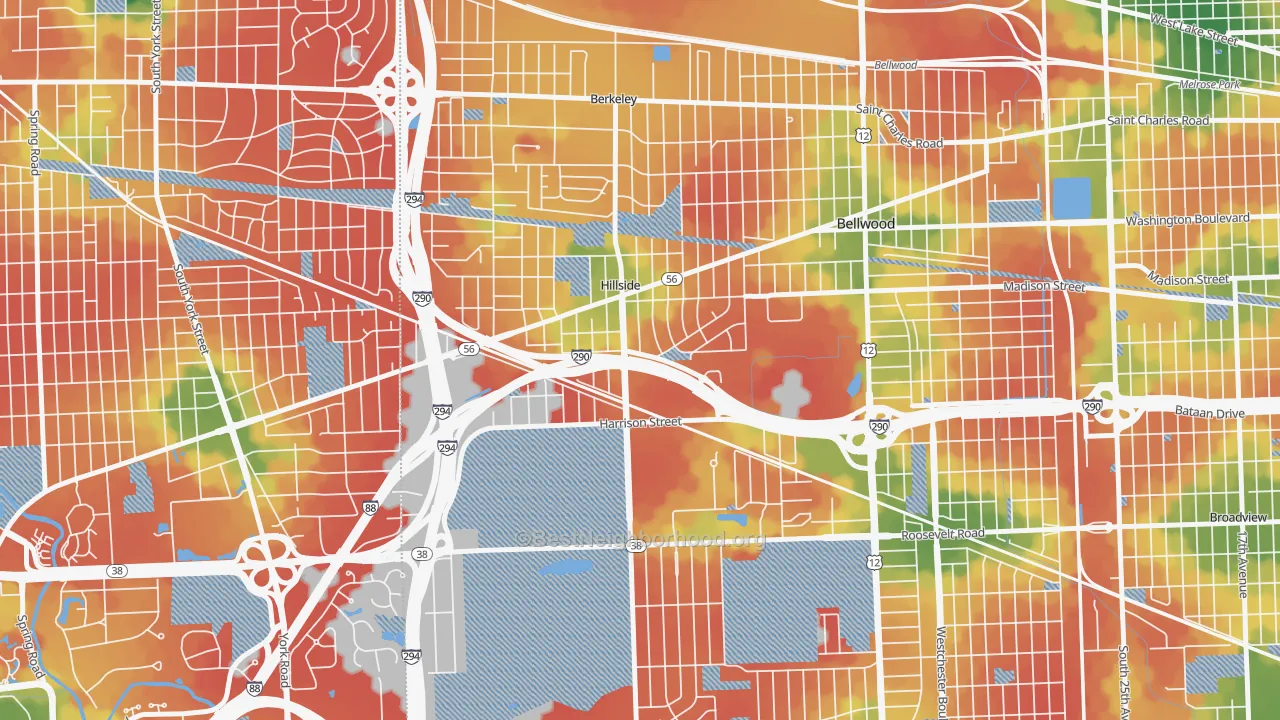 Walk Grade map of Hillside, IL, walkable areas in green and car-dependent areas in red