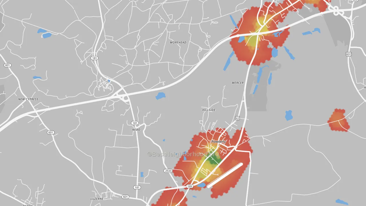 Walk Grade map of Hillside, KY, walkable areas in green and car-dependent areas in red