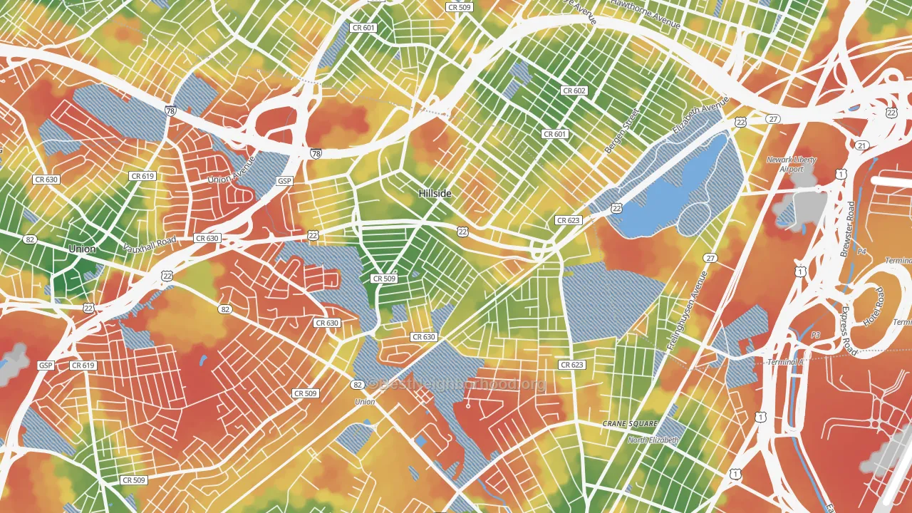 Walk Grade map of Hillside, NJ, walkable areas in green and car-dependent areas in red
