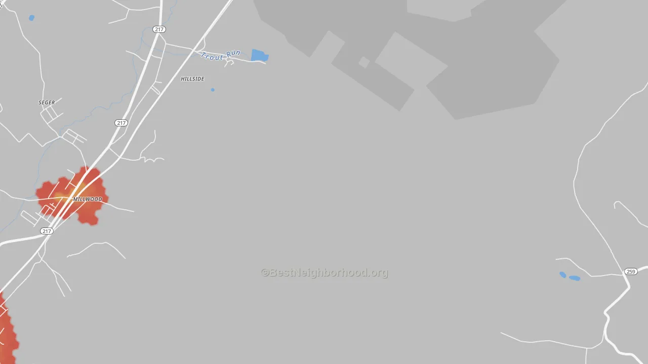 Walk Grade map of Hillside, PA, walkable areas in green and car-dependent areas in red