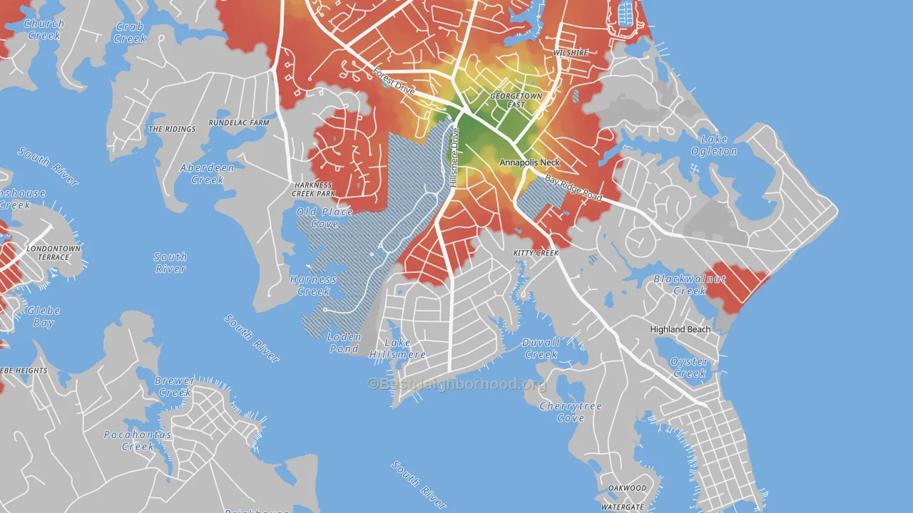 Walk Grade map of Hillsmere Shores, Annapolis Neck, MD, walkable areas in green and car-dependent areas in red