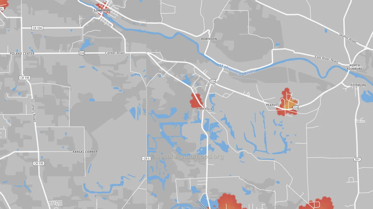 Walk Grade map of Hillsville, PA, walkable areas in green and car-dependent areas in red