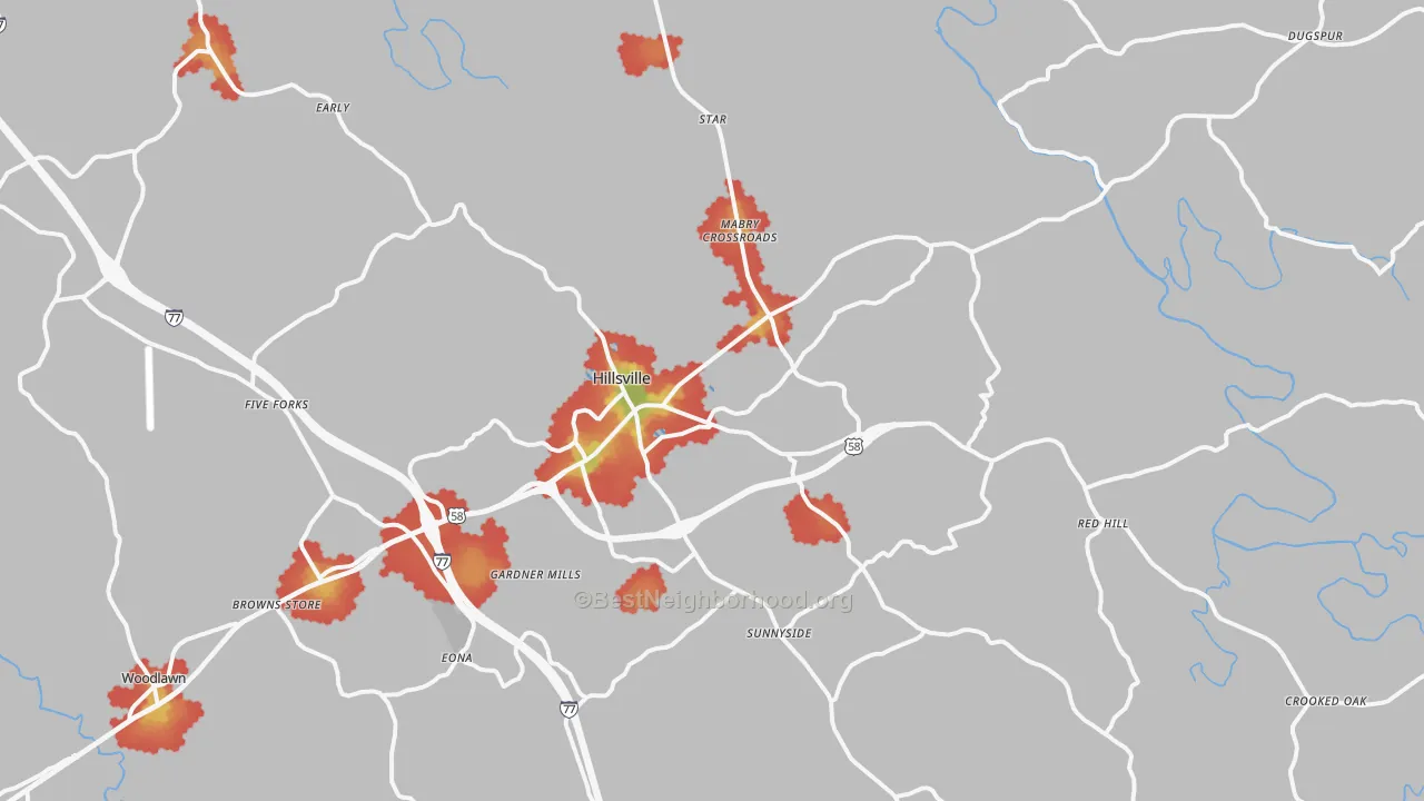 Walk Grade map of Hillsville, VA, walkable areas in green and car-dependent areas in red