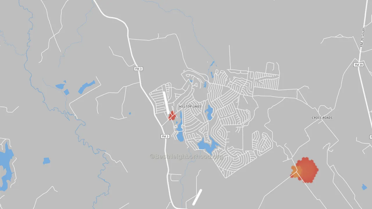 Walk Grade map of Hilltop Lakes, TX, walkable areas in green and car-dependent areas in red