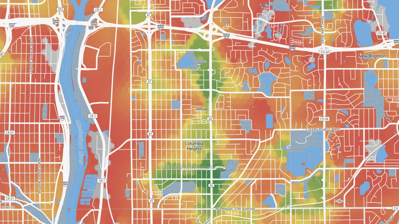 Walk Grade map of Hilltop, MN, walkable areas in green and car-dependent areas in red