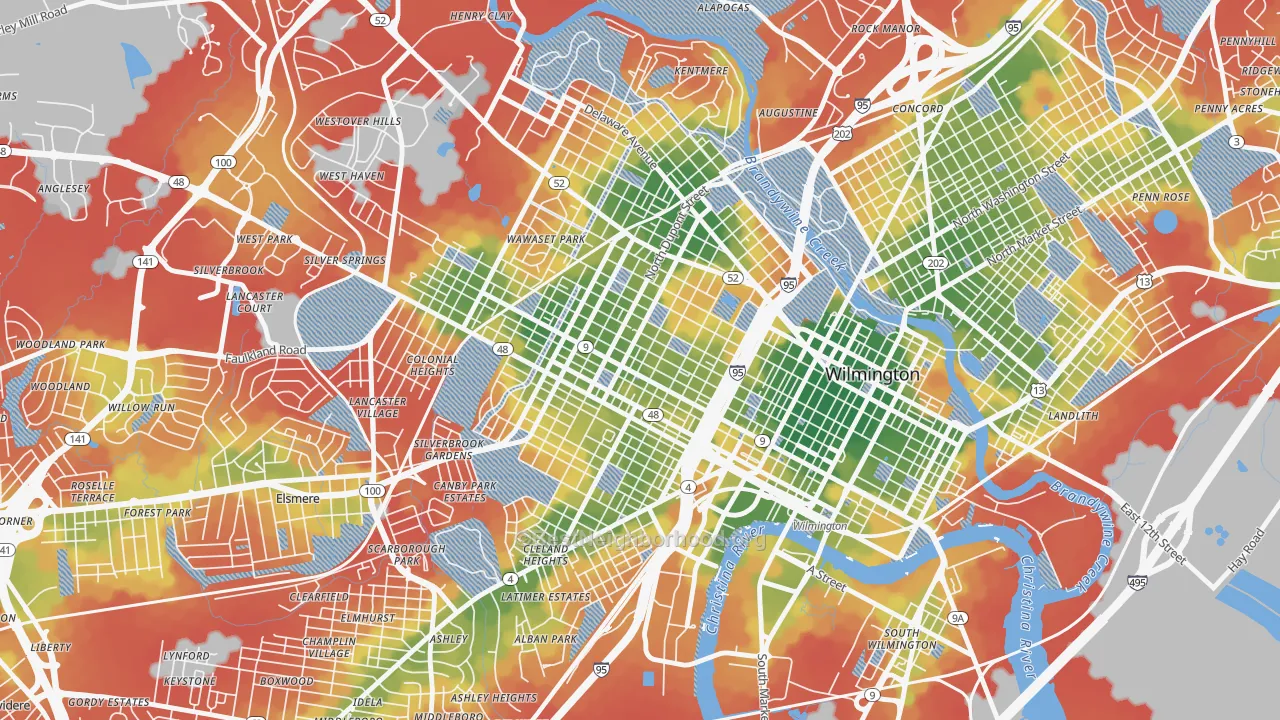 Walk Grade map of Hilltop, Wilmington, DE, walkable areas in green and car-dependent areas in red