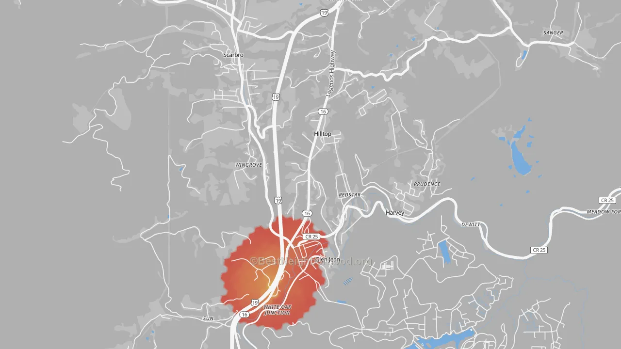 Walk Grade map of Hilltop, WV, walkable areas in green and car-dependent areas in red