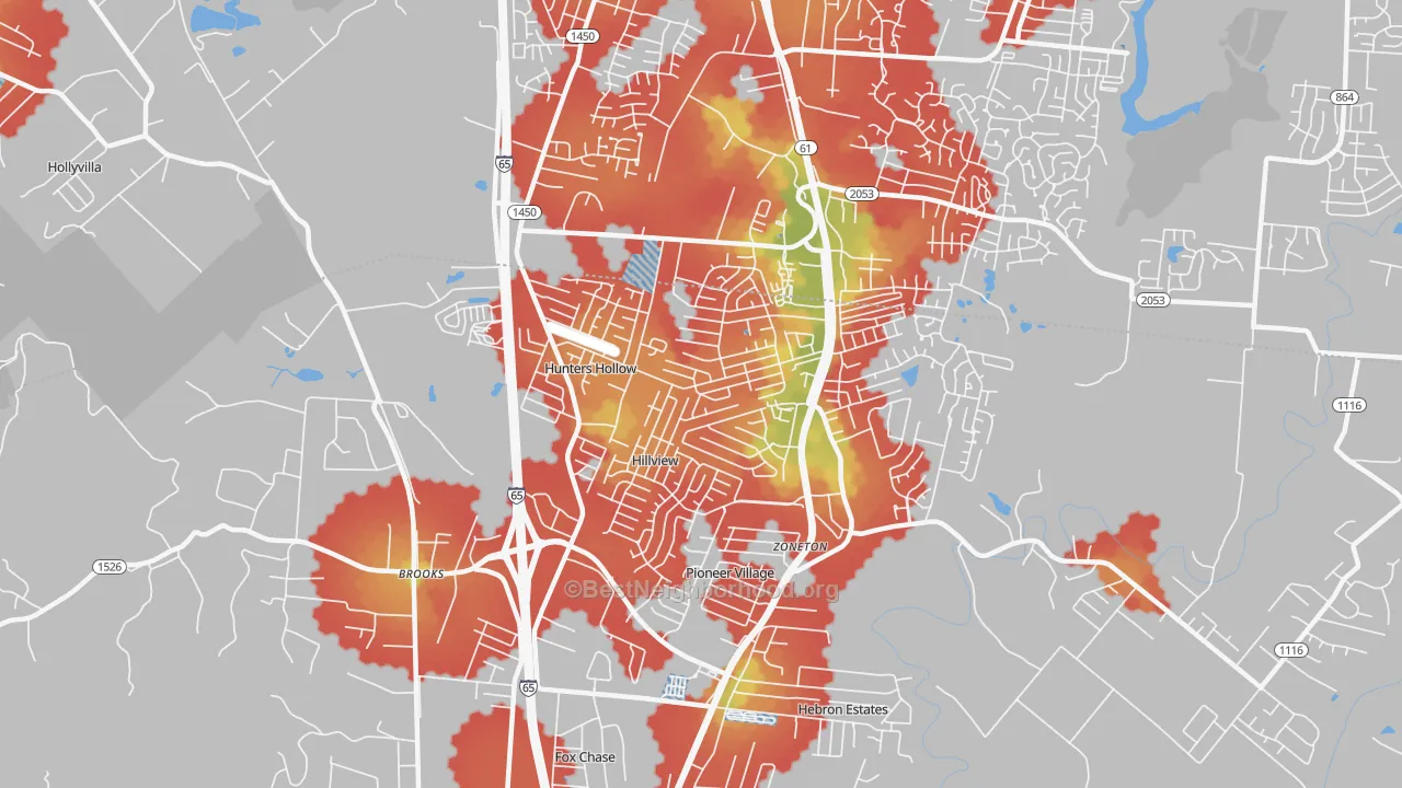 Walk Grade map of Hillview, KY, walkable areas in green and car-dependent areas in red