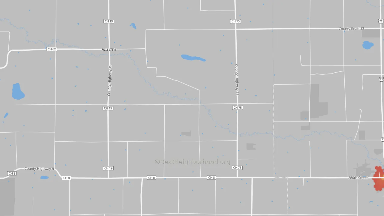 Walk Grade map of Hillview, MN, walkable areas in green and car-dependent areas in red