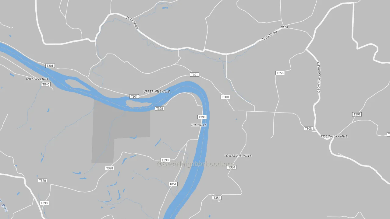 Walk Grade map of Hillville, PA, walkable areas in green and car-dependent areas in red