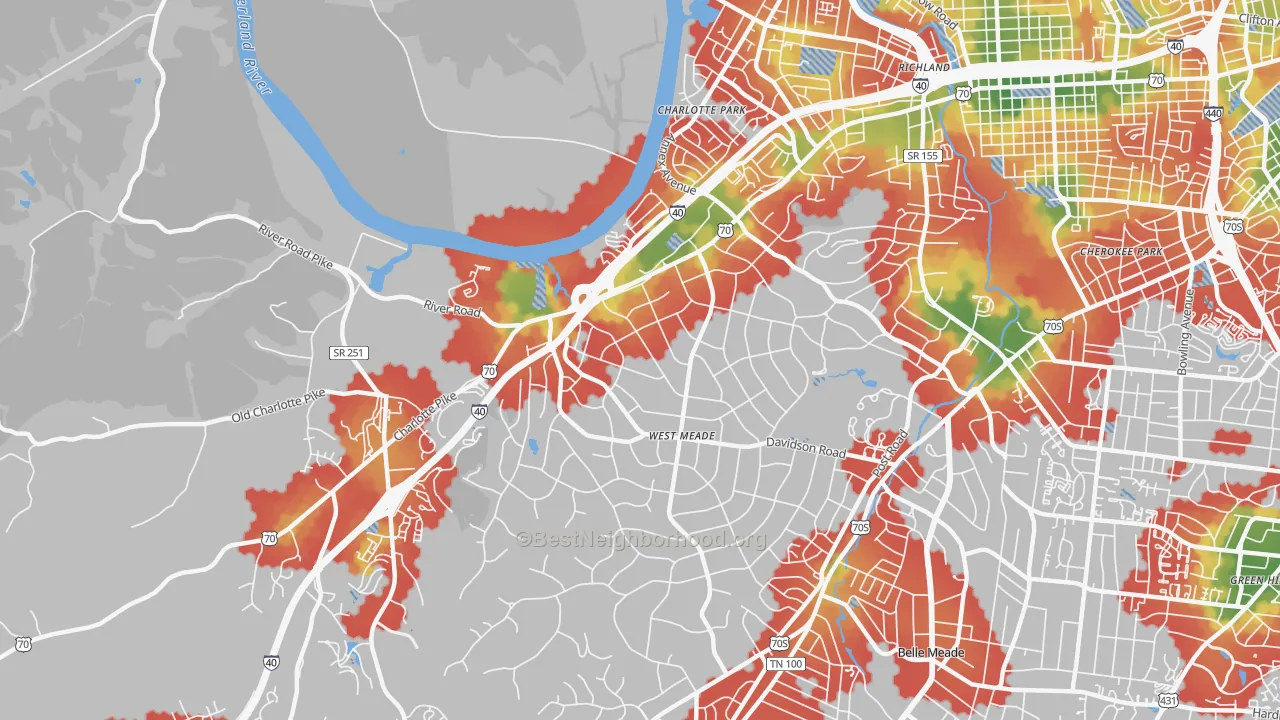 Walk Grade map of Hillwood Estates, Nashville, TN, walkable areas in green and car-dependent areas in red