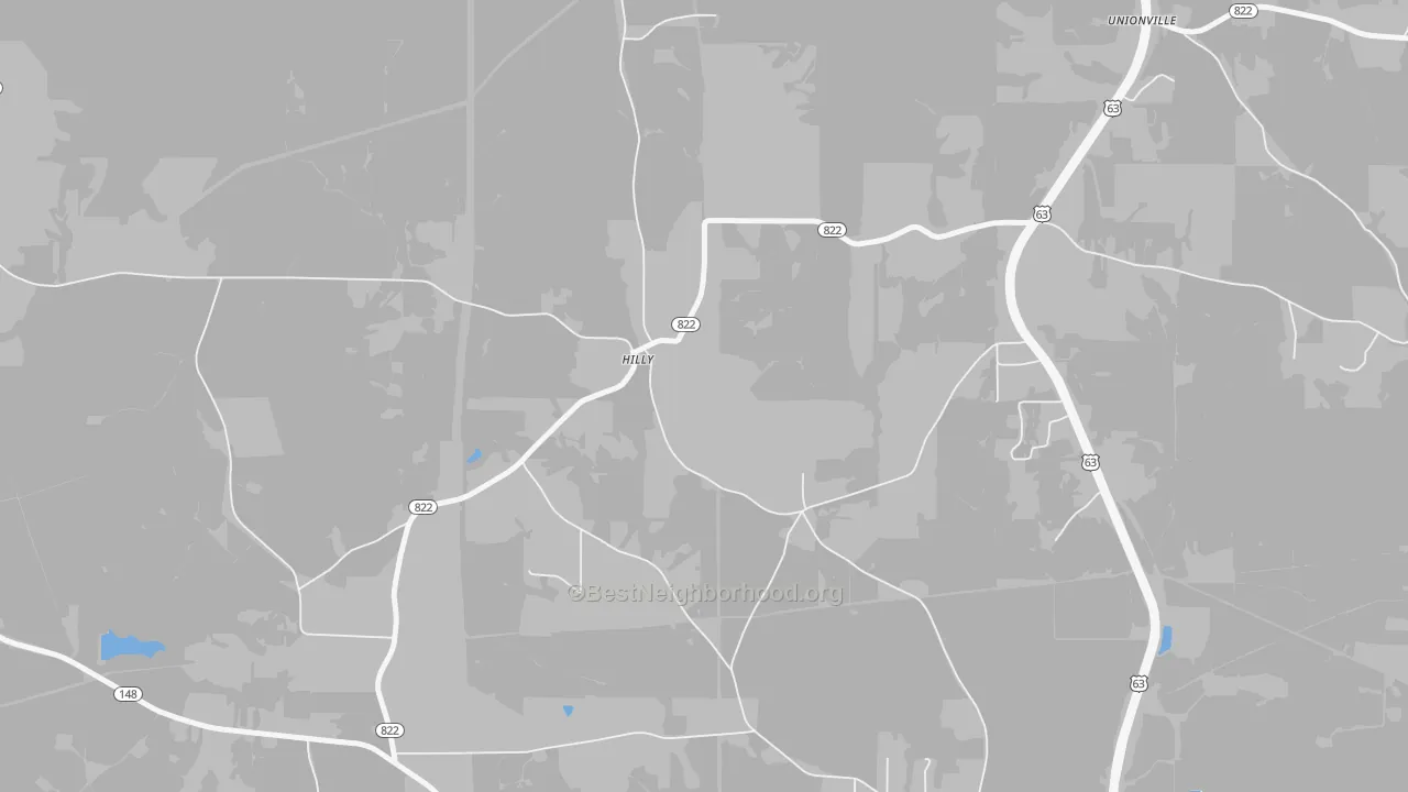 Walk Grade map of Hilly, LA, walkable areas in green and car-dependent areas in red