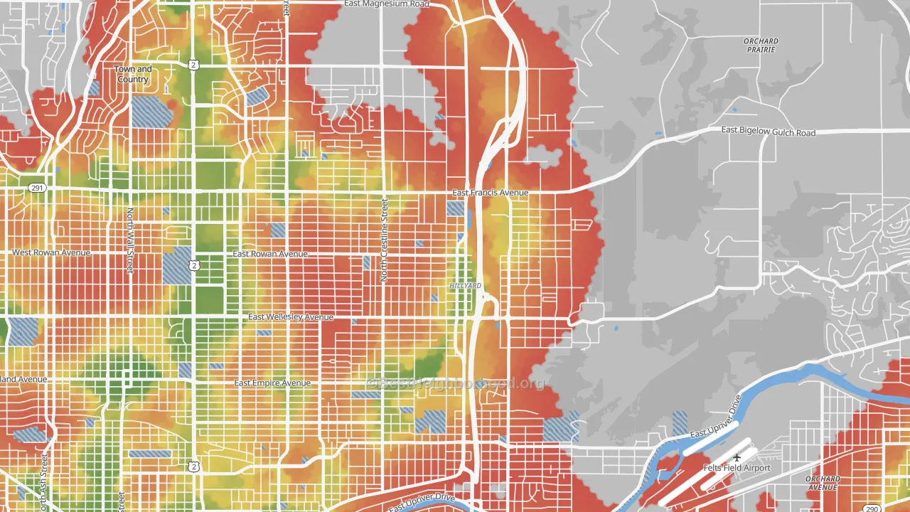 Walk Grade map of Hillyard, Spokane, WA, walkable areas in green and car-dependent areas in red
