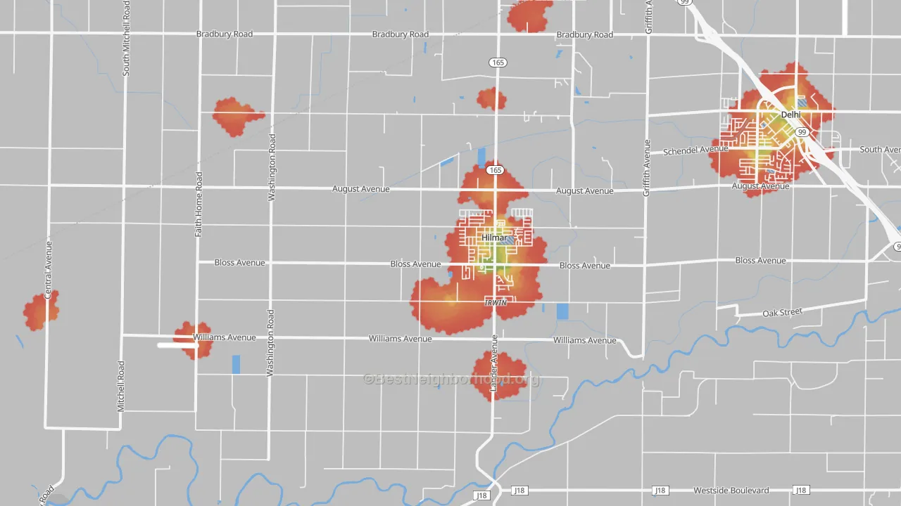 Walk Grade map of Hilmar, CA, walkable areas in green and car-dependent areas in red