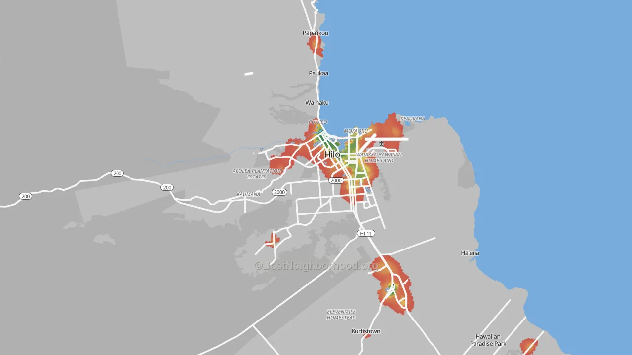 Walk Grade map of Hilo, HI, walkable areas in green and car-dependent areas in red