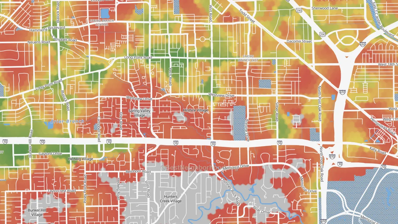 Walk Grade map of Hilshire Village, TX, walkable areas in green and car-dependent areas in red