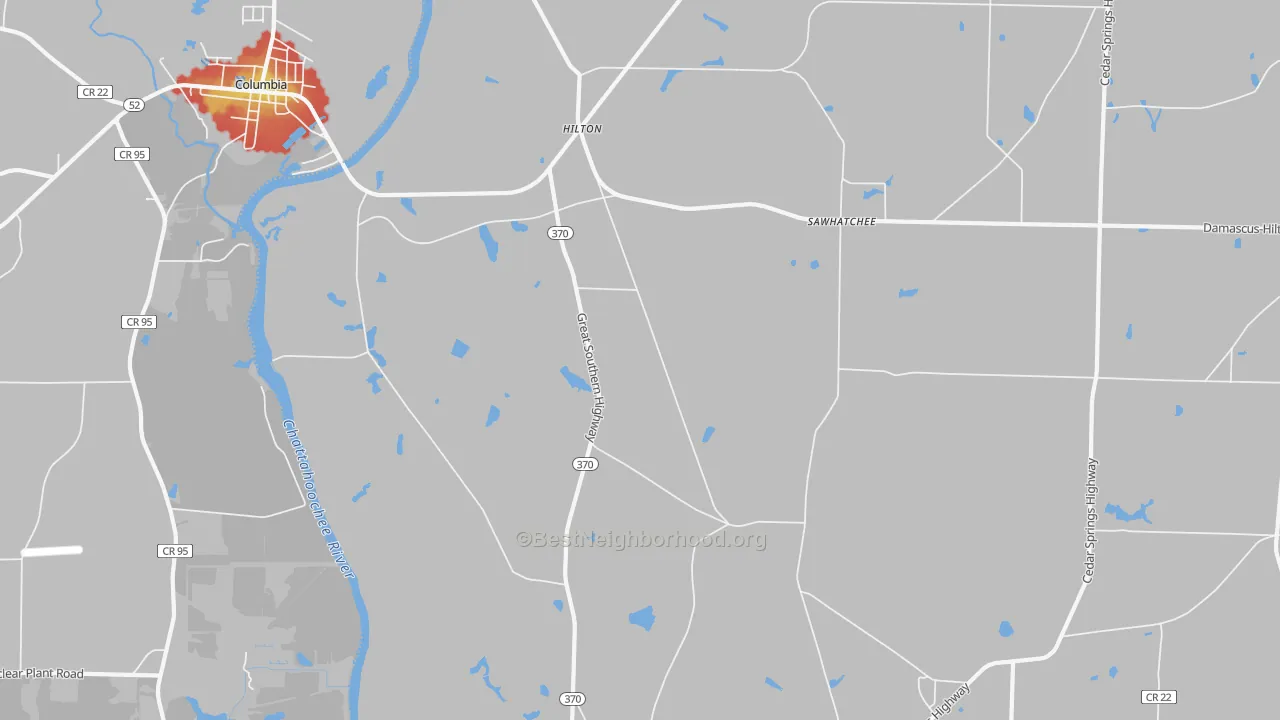 Walk Grade map of Hilton, GA, walkable areas in green and car-dependent areas in red