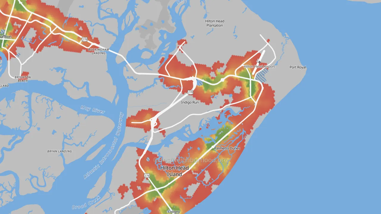 Walk Grade map of Hilton Head Island, SC, walkable areas in green and car-dependent areas in red