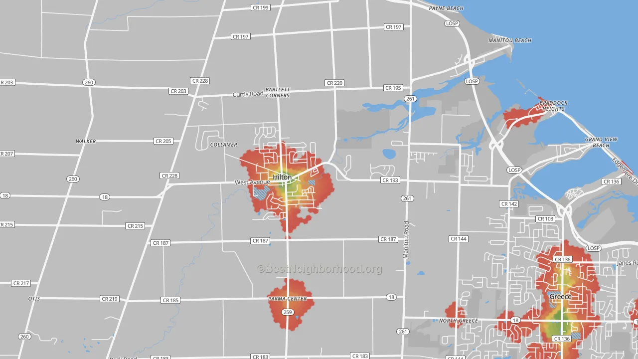 Walk Grade map of Hilton, NY, walkable areas in green and car-dependent areas in red