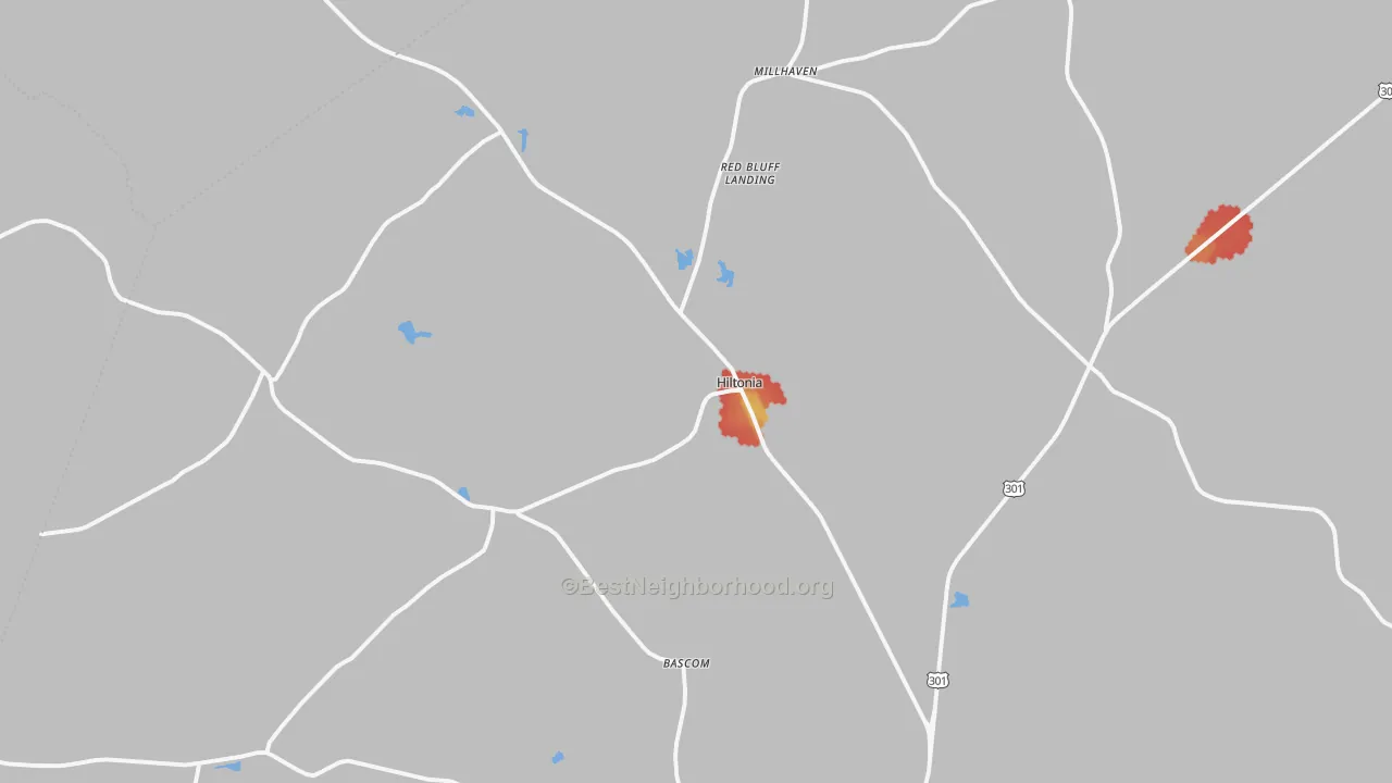 Walk Grade map of Hiltonia, GA, walkable areas in green and car-dependent areas in red