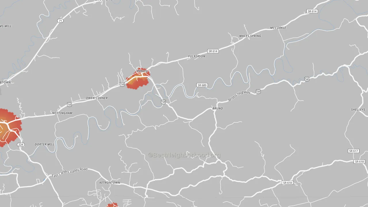 Walk Grade map of Hiltons, VA, walkable areas in green and car-dependent areas in red