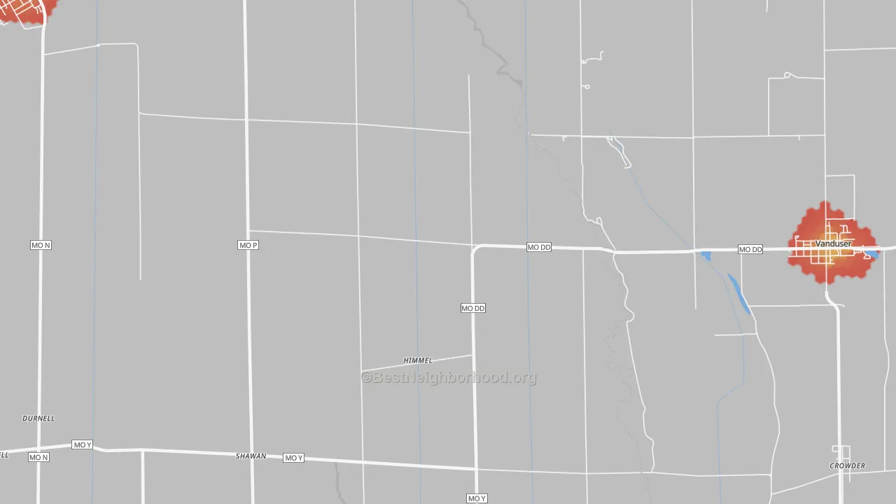 Walk Grade map of Himmel, MO, walkable areas in green and car-dependent areas in red