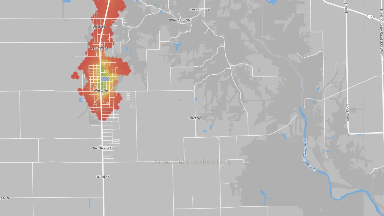 Walk Grade map of Himrod, IL, walkable areas in green and car-dependent areas in red