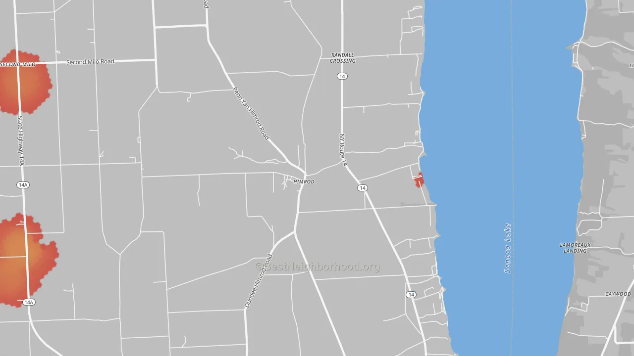 Walk Grade map of Himrod, NY, walkable areas in green and car-dependent areas in red