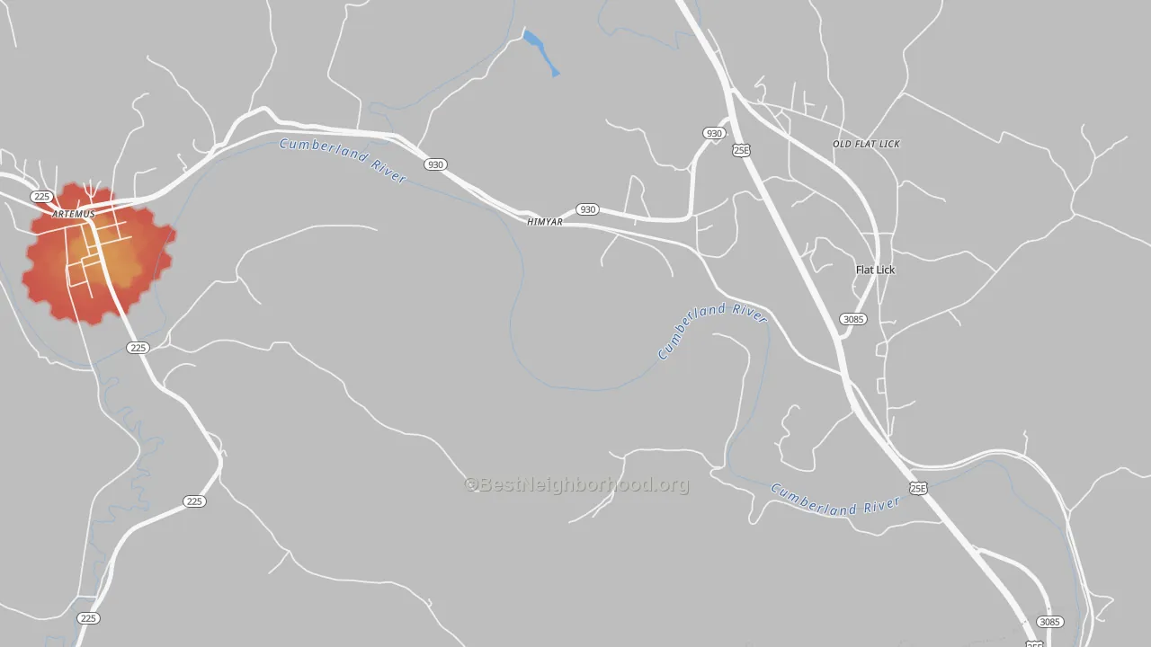 Walk Grade map of Himyar, KY, walkable areas in green and car-dependent areas in red