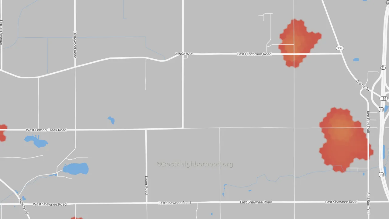 Walk Grade map of Hinchman, MI, walkable areas in green and car-dependent areas in red