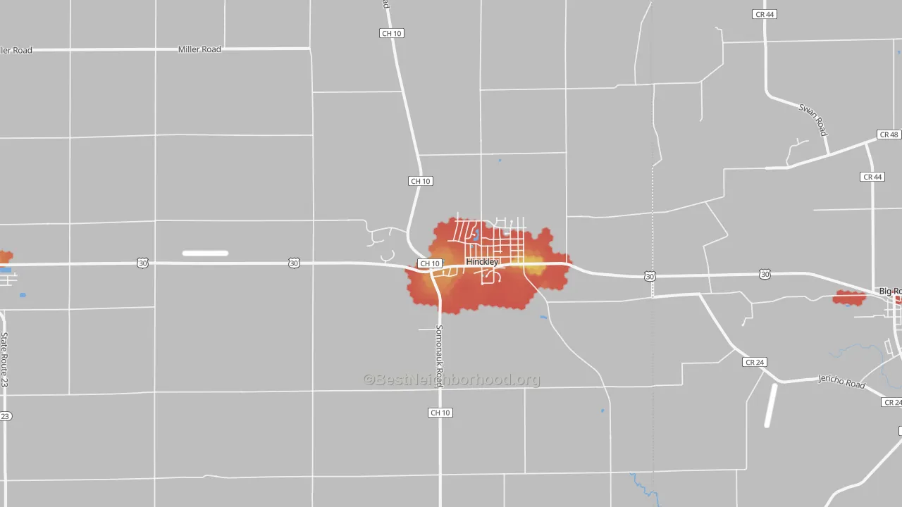 Walk Grade map of Hinckley, IL, walkable areas in green and car-dependent areas in red