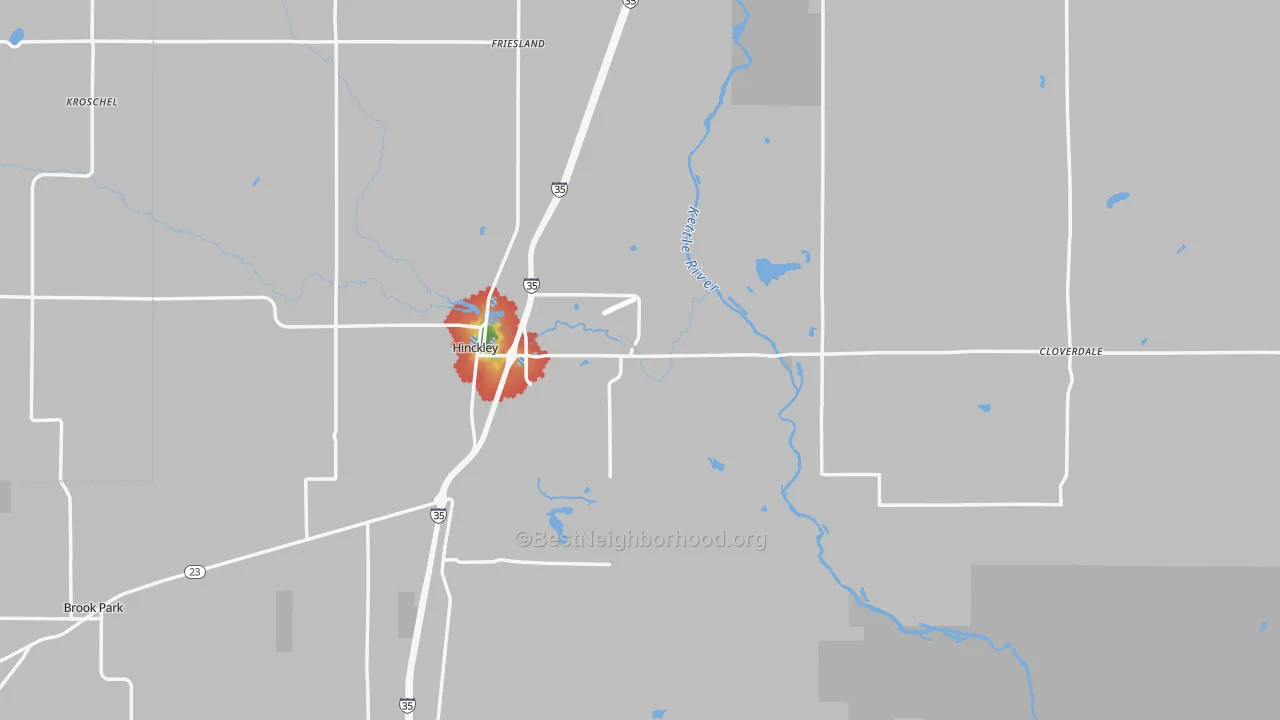 Walk Grade map of Hinckley, MN, walkable areas in green and car-dependent areas in red