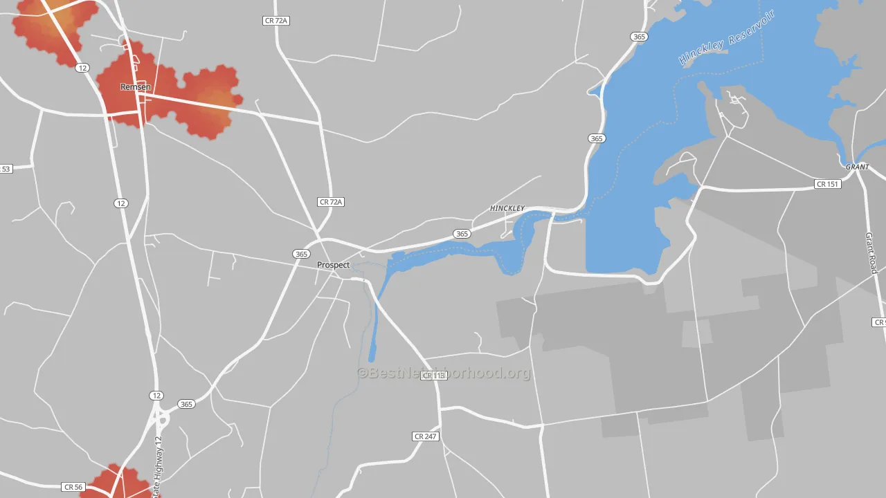 Walk Grade map of Hinckley, NY, walkable areas in green and car-dependent areas in red