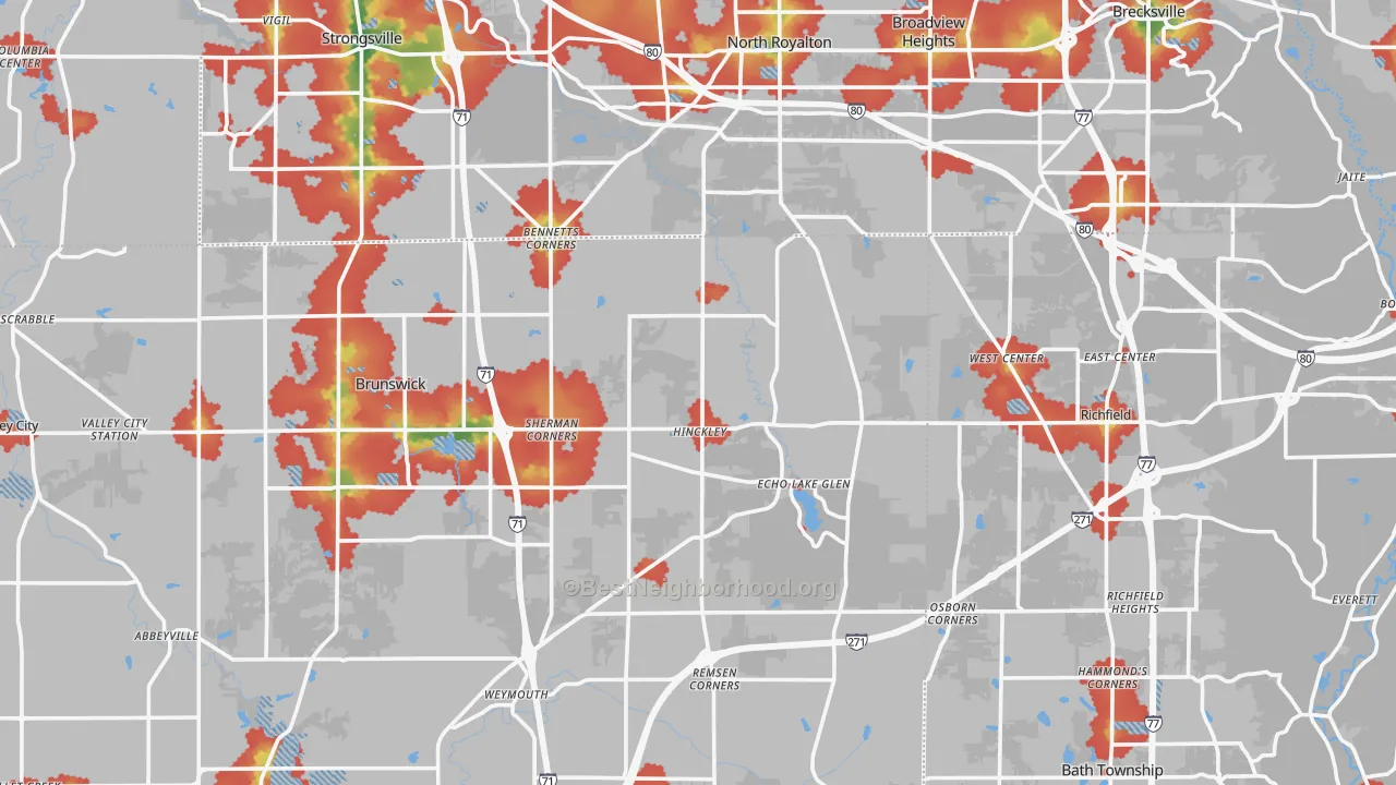 Walk Grade map of Hinckley, OH, walkable areas in green and car-dependent areas in red
