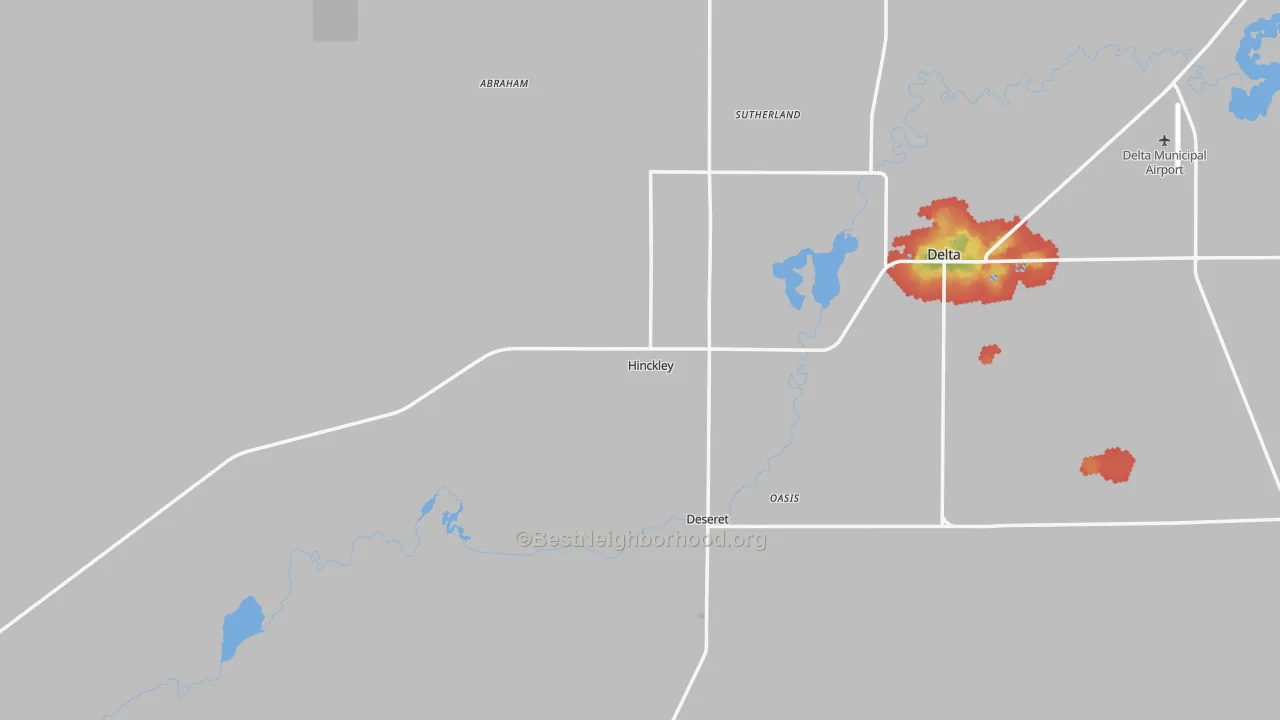 Walk Grade map of Hinckley, UT, walkable areas in green and car-dependent areas in red